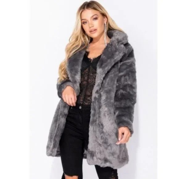 Gray Faux Fur Long Sleeve Collared Coat - Picture 5 of 16